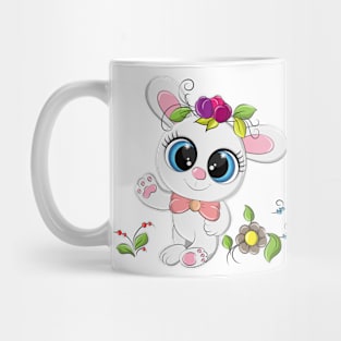 Cheerful bunny stands around flowers Mug